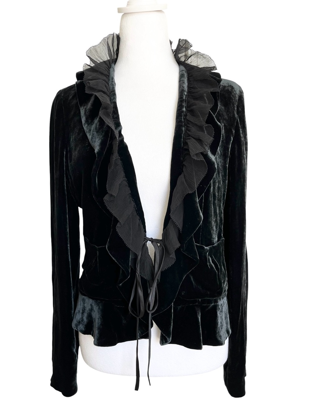 RARE Vintage DKNY 90s Y2K Black Velvet Ruffle Tie Front Silk Blazer Jacket 4 S